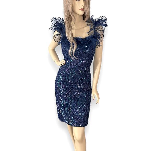 Vintage 80s Blue Sequined Party Dress | Ruffled Shoulders | Size Small‎ 4 - Picture 1 of 10